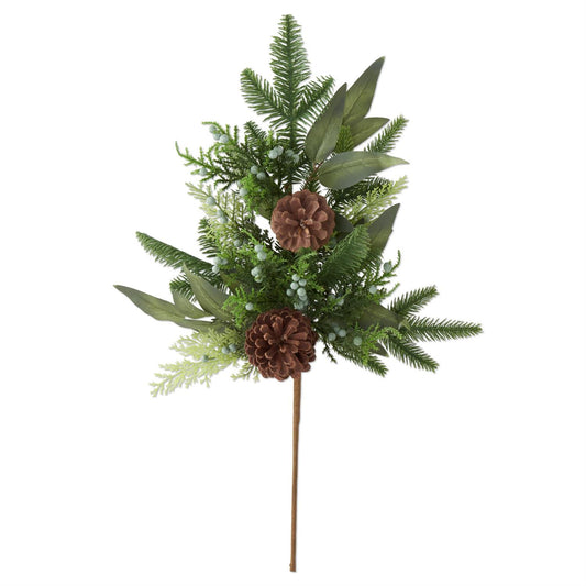 26-inch mixed pine stem with green eucalyptus foliage, brown pinecones, and pale blue-green accents