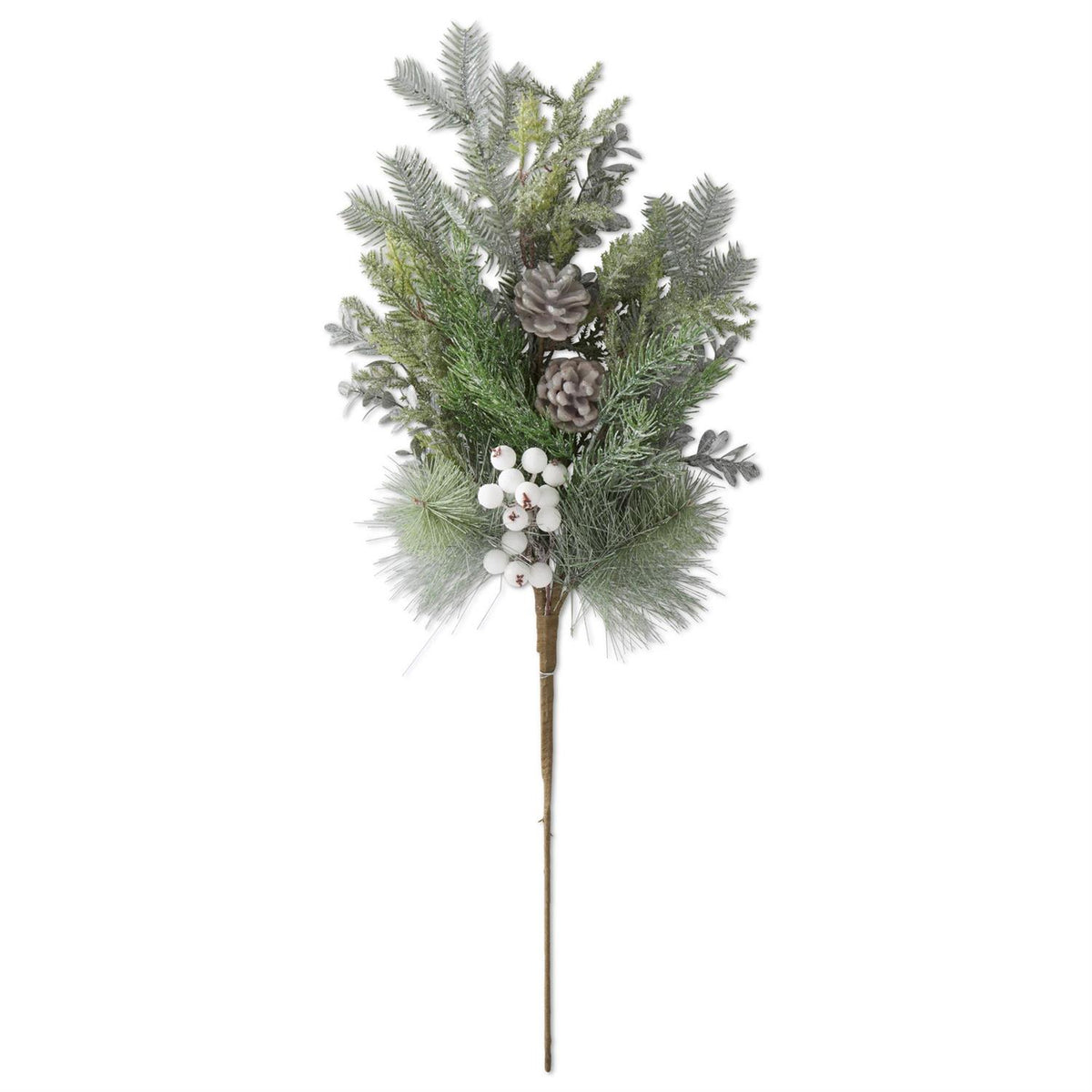 28-inch glittered mixed green pine stem with pinecones and white berries.”