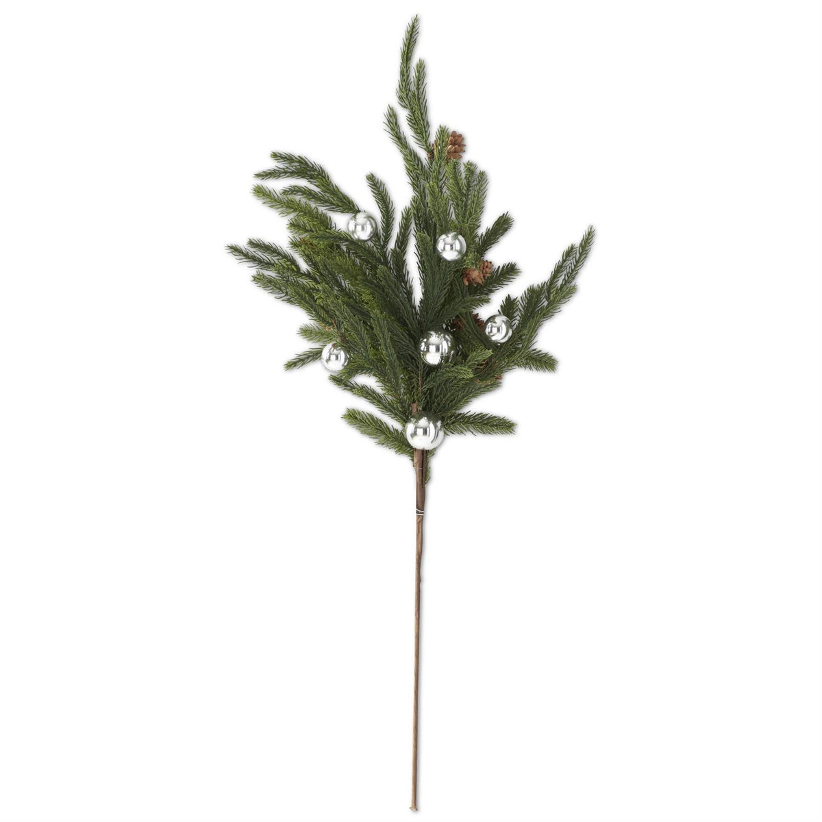 Real Touch Pine Stem with Silver Ornaments & Mini Pinecones