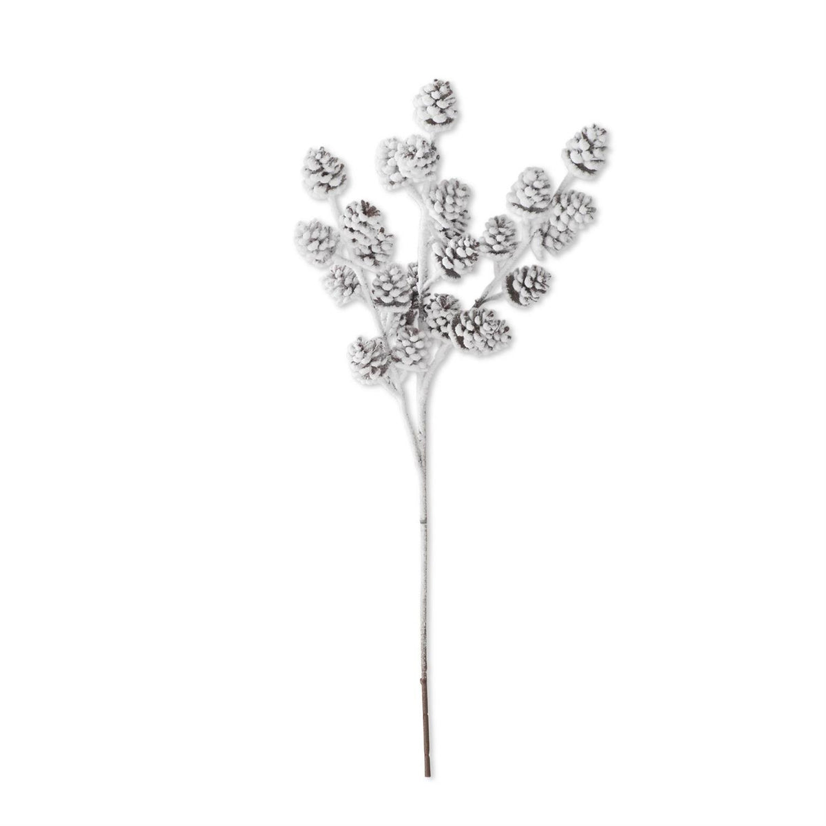 “24-inch branching stem with small brown pinecones covered in white snowy flocking