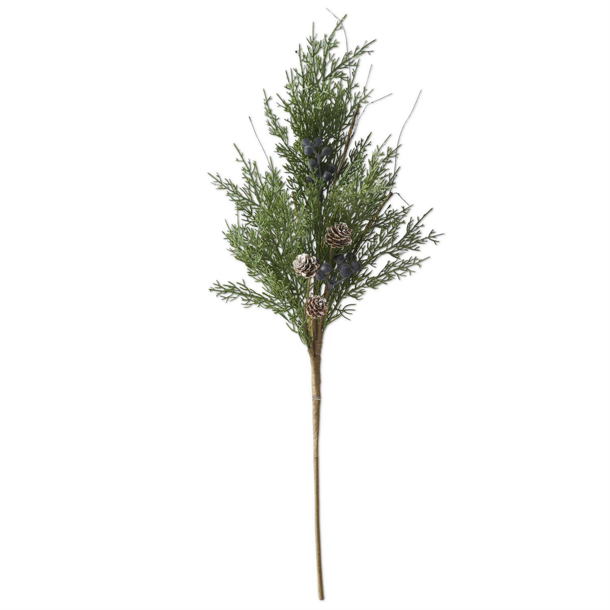 28 Inch Pine Twig Stem with Blue Berries & Mini White Pinecones