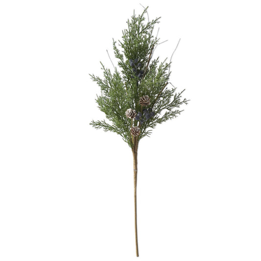 28 Inch Pine Twig Stem with Blue Berries & Mini White Pinecones