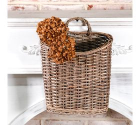 10.25 inch grey willow hanging basket with a natural woven construction and soft grey finish, perfect for displaying faux florals and rustic home decor"