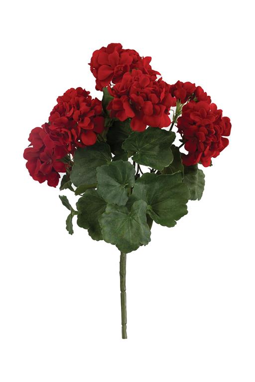 18 inch red geranium faux spray with vibrant red blooms and green foliage on multiple stems, perfect for wreaths, floral arrangements, and summer home decor"