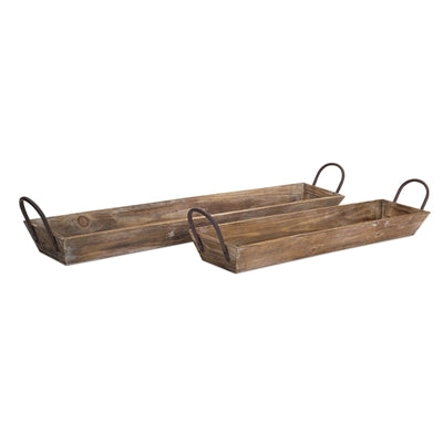 rustic natural wood tray with black iron handles in small and large sizes on a white background"