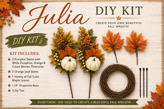 Julia DIY fall wreath kit contents including 2 pumpkin stems with white pumpkins and berries, 2 orange maple leaf stems, a 14-inch grapevine base, and zip ties"