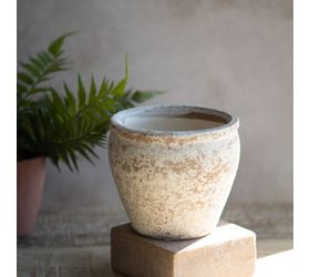 "4.7 inch white washed ceramic planter with a rustic distressed finish, perfect for succulents, small plants, and home decor accents"