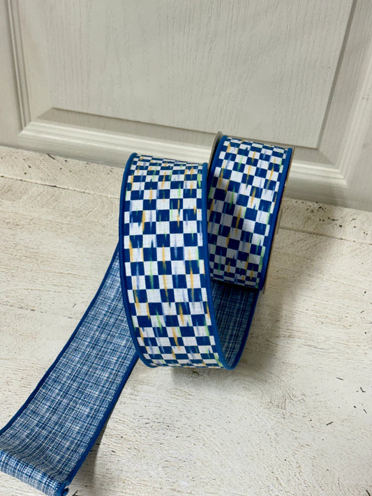 2.5 inch by 10 yard blue and white mini antique check fused ribbon on a spool, perfect for wreaths, bows, and floral crafts"