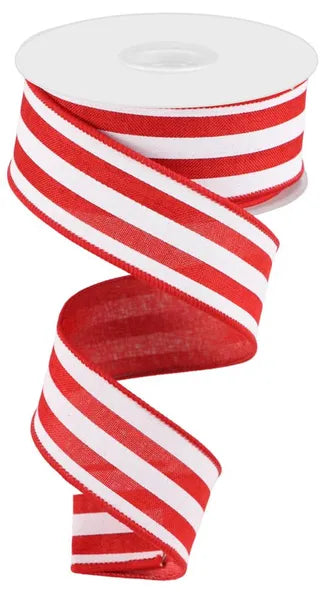 Red and white striped ribbon coiled on a white background