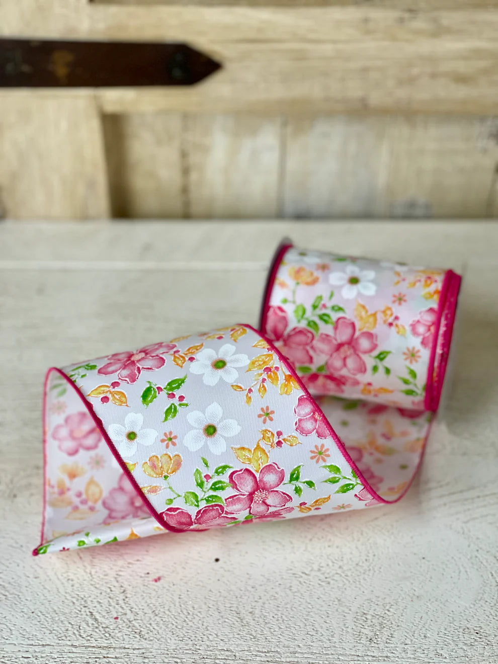 4 Inch By 10 Yard White Background With Watercolor Flowers Ribbon