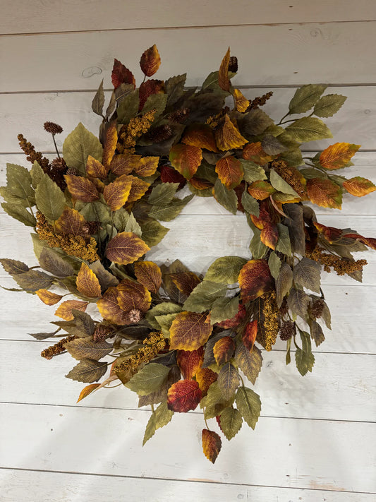 Green & Orange Birch Tree Leaf Wreath 22"R