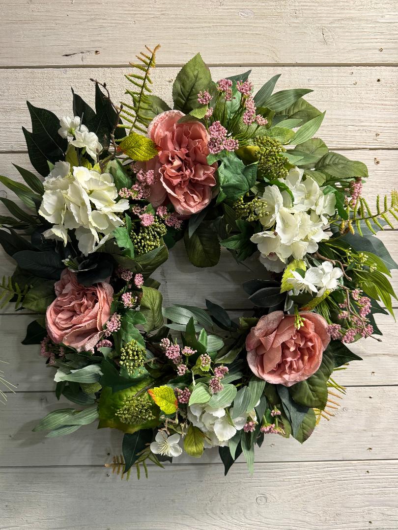 Charlotte handmade cottage garden wreath by Carolyn at The Wreath Room. Premium faux florals and greenery on a grapevine base.