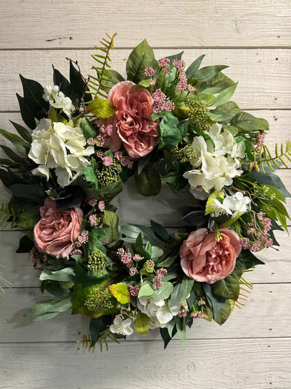 Charlotte handmade cottage garden wreath by Carolyn at The Wreath Room. Premium faux florals and greenery on a grapevine base.