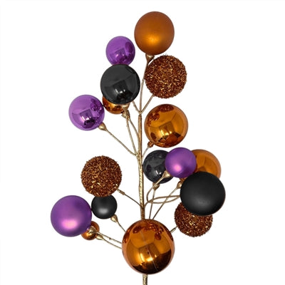 30-inch Halloween ball spray with mixed shiny and matte finishes in orange, purple, and black for wreaths and centerpieces"
