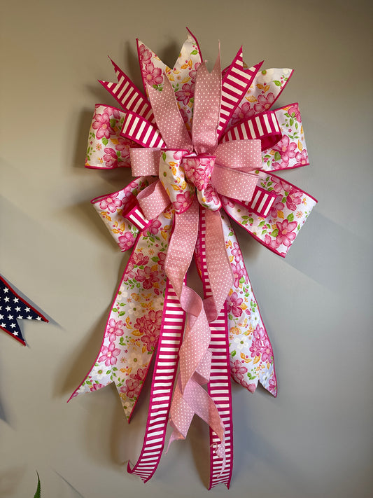 Pink Floral Bow with Stripes and Dots