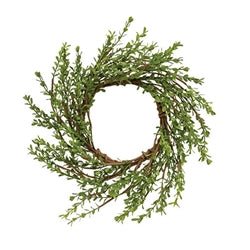 "4.5 inch baby boxwood candle ring with lush faux green boxwood leaves, perfect for pillar candles and table centerpieces"