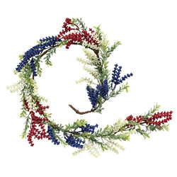  "4-foot red, white and blue heather and boxwood garland with natural brown-wrapped base for patriotic home decor"