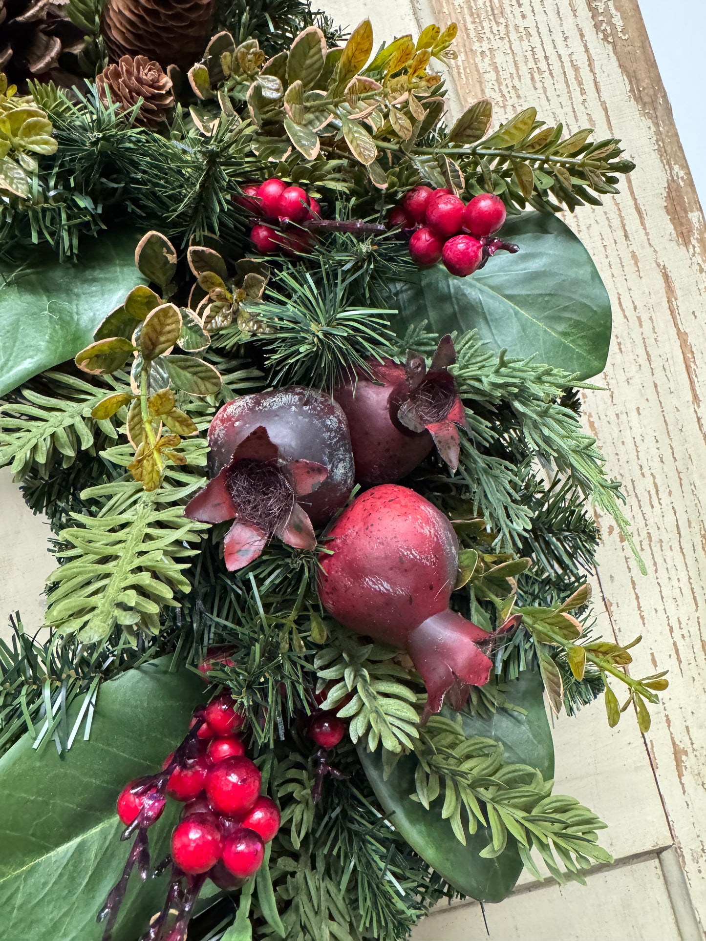 Noelle’s Woodland Christmas Wreath with Pomegranates & Pinecones
