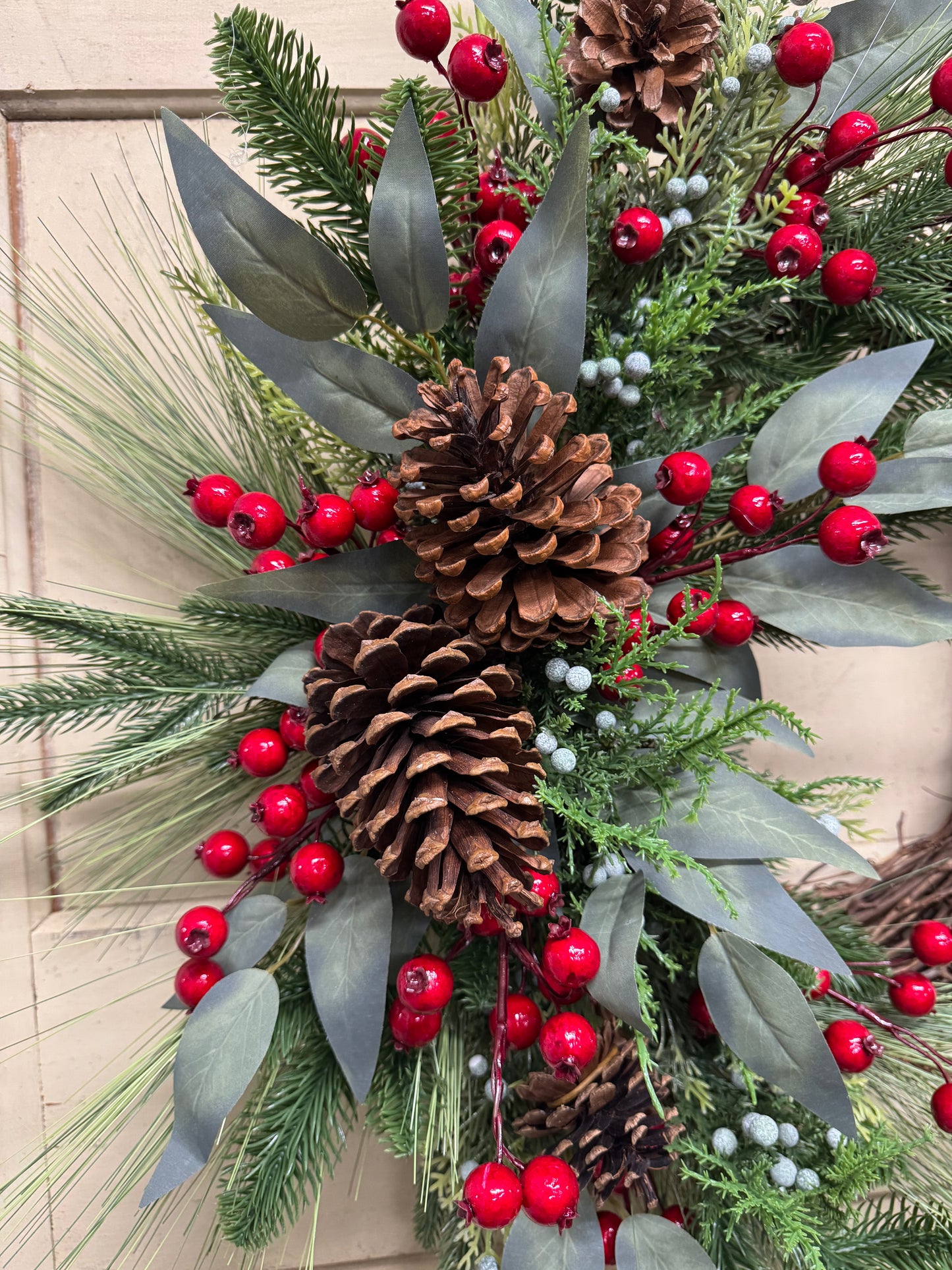 Joy Christmas Wreath with Red Berries & Pinecones