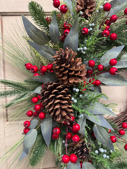 Joy Christmas Wreath with Red Berries & Pinecones