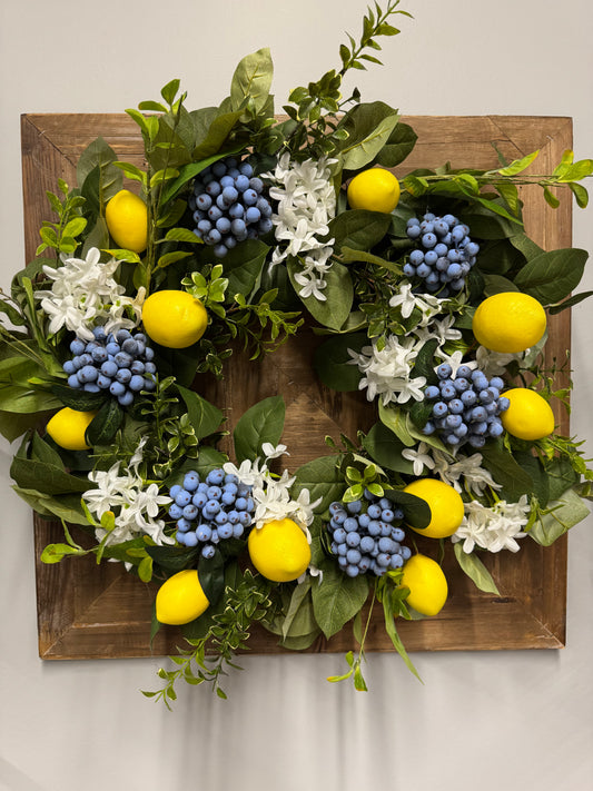Sophie 24 inch handmade floral wreath featuring faux lemons, blueberries, and lush greenery for a fresh summer look"