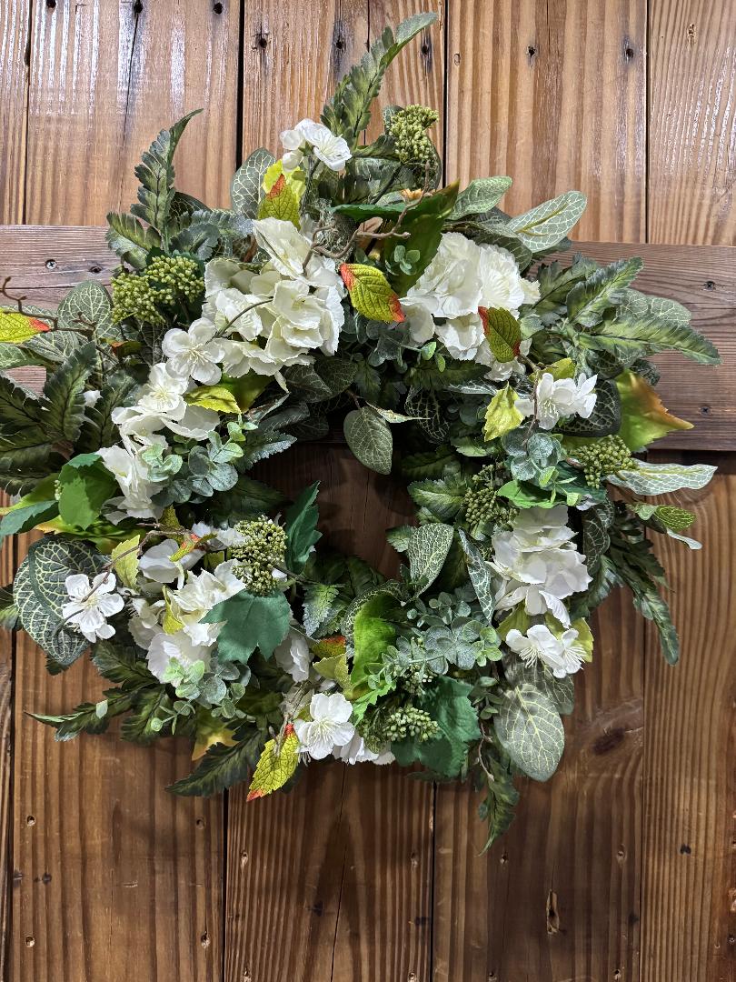 Summer Haven handmade summer floral wreath by Carolyn at The Wreath Room. Premium faux florals and greenery on a grapevine base.