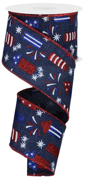 Bold firecrackers ribbon in red, white, and navy blue on royal burlap. Wired edges for perfect bows. Ideal for Fourth of July wreaths and patriotic displays. 2.5" x 10 yards.