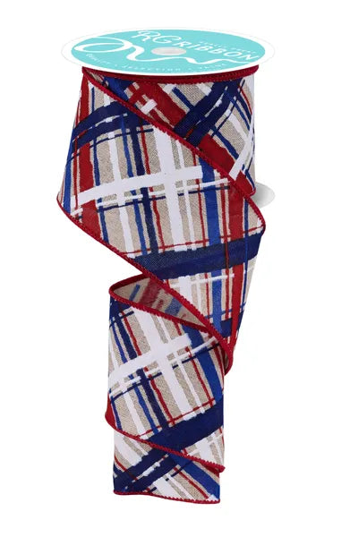 Plaid patterned product with a blue label on a white background