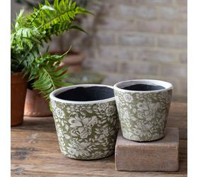 Dark green floral garden pots with a charming painted floral design, perfect for succulents, faux plants, and cottage-style home decor"