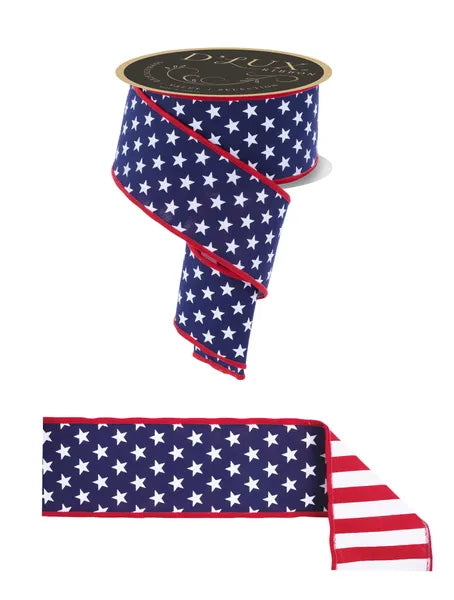 American flag patterned ribbon with a D.Lux branded spool on a white background