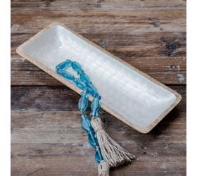 Scallop pattern wood long tray with a decorative scalloped edge design, perfect for displaying candles, florals, and home decor accents"