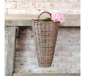 20 inch tapered willow hanging basket with a natural woven willow construction, perfect for displaying faux florals, greenery, and rustic home decor"