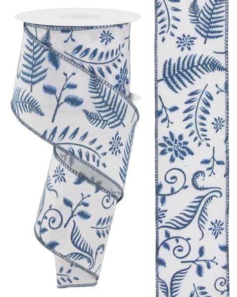 Delicate blue floral embroidery on crisp white ribbon. Perfect for wreaths, gift wrapping, and botanical décor. Premium quality, 2.5" x 10 yards.