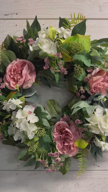 Charlotte handmade cottage garden wreath by Carolyn at The Wreath Room. Premium faux florals and greenery on a grapevine base.