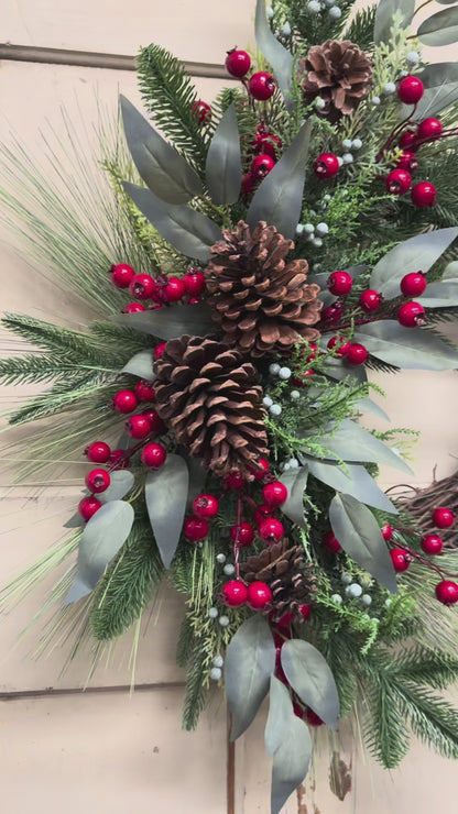 Joy Christmas Wreath with Red Berries & Pinecones