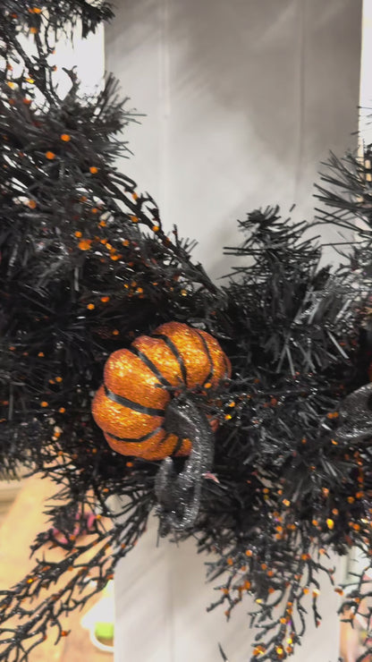 Midnight Pumpkin Patch – 28" Handmade Halloween Pumpkin Front Door Wreath