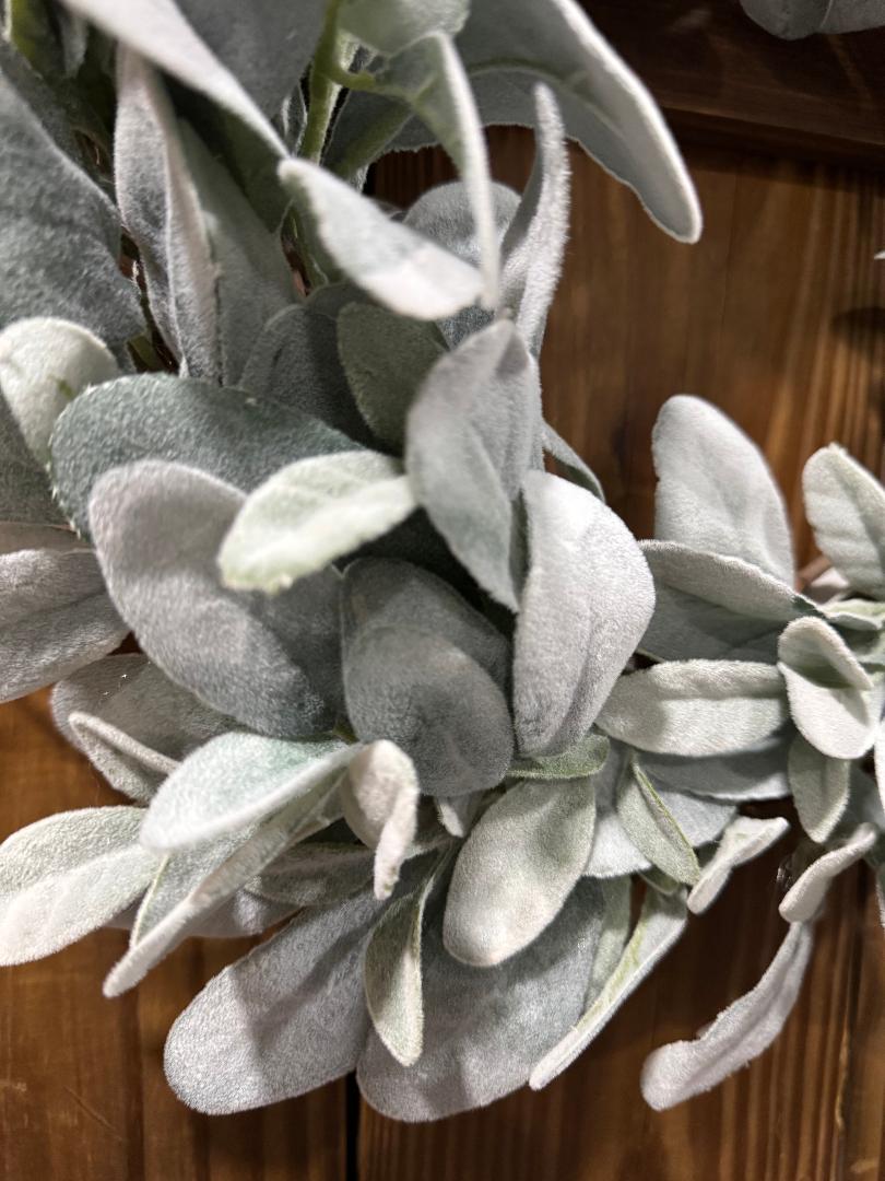 Silver Whisper handmade faux lambs ear wreath by Carolyn at The Wreath Room. Premium greenery on a grapevine base.