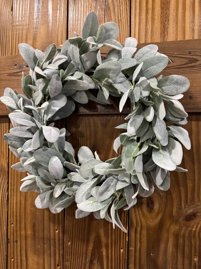 Silver Whisper handmade faux lambs ear wreath by Carolyn at The Wreath Room. Premium greenery on a grapevine base.