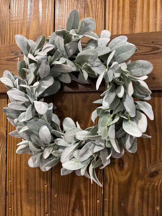Silver Whisper handmade faux lambs ear wreath by Carolyn at The Wreath Room. Premium greenery on a grapevine base.