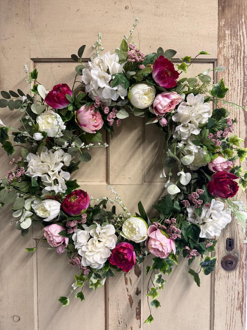 Cami summer garden wreath with vibrant faux mixed summer blooms and lush greenery on a natural base, perfect for front doors and bright seasonal home decor"