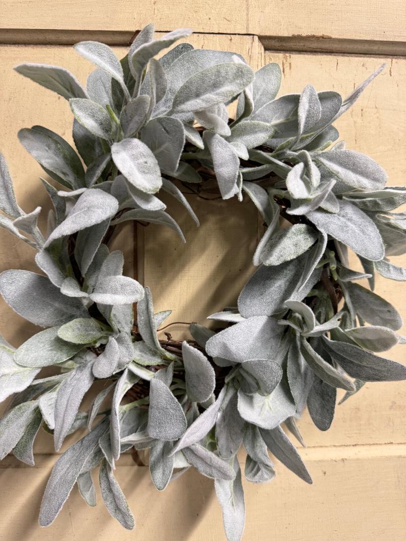 Lambs ear candle ring with soft faux silver-green lambs ear leaves arranged in a ring, perfect for pillar candles and farmhouse-style table centerpieces"