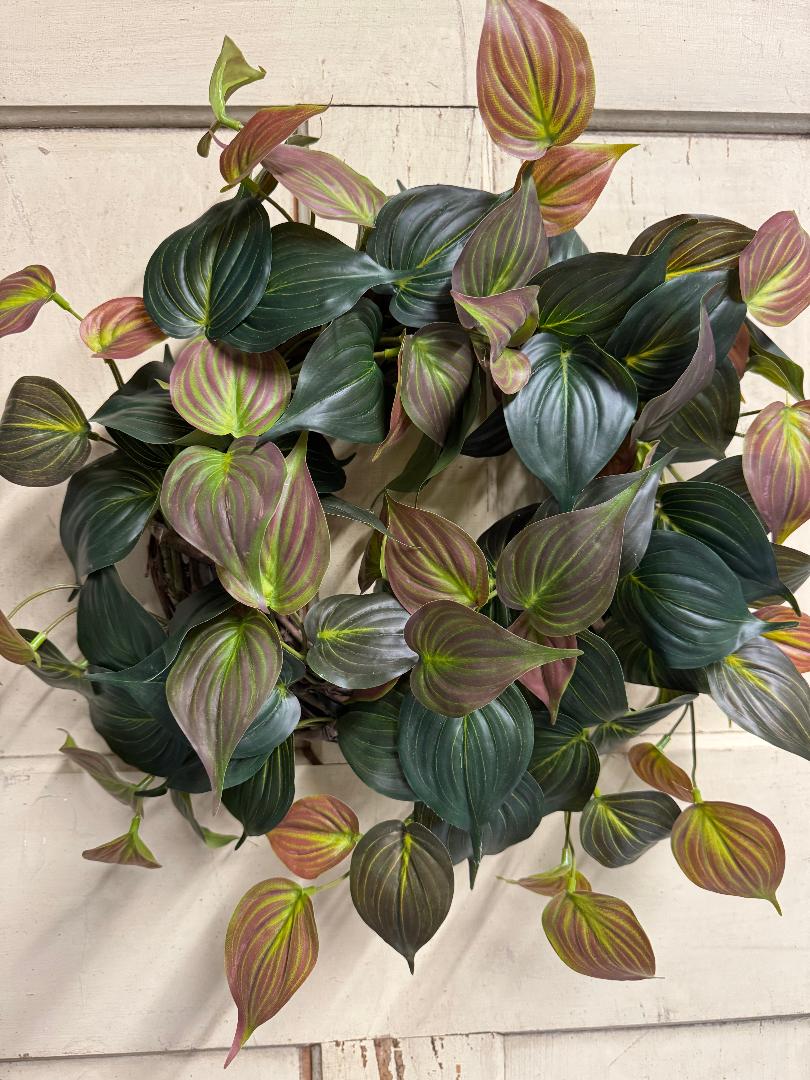 Variegated ivy candle ring with faux green and cream variegated ivy leaves arranged in a ring, perfect for pillar candles and classic table centerpieces"