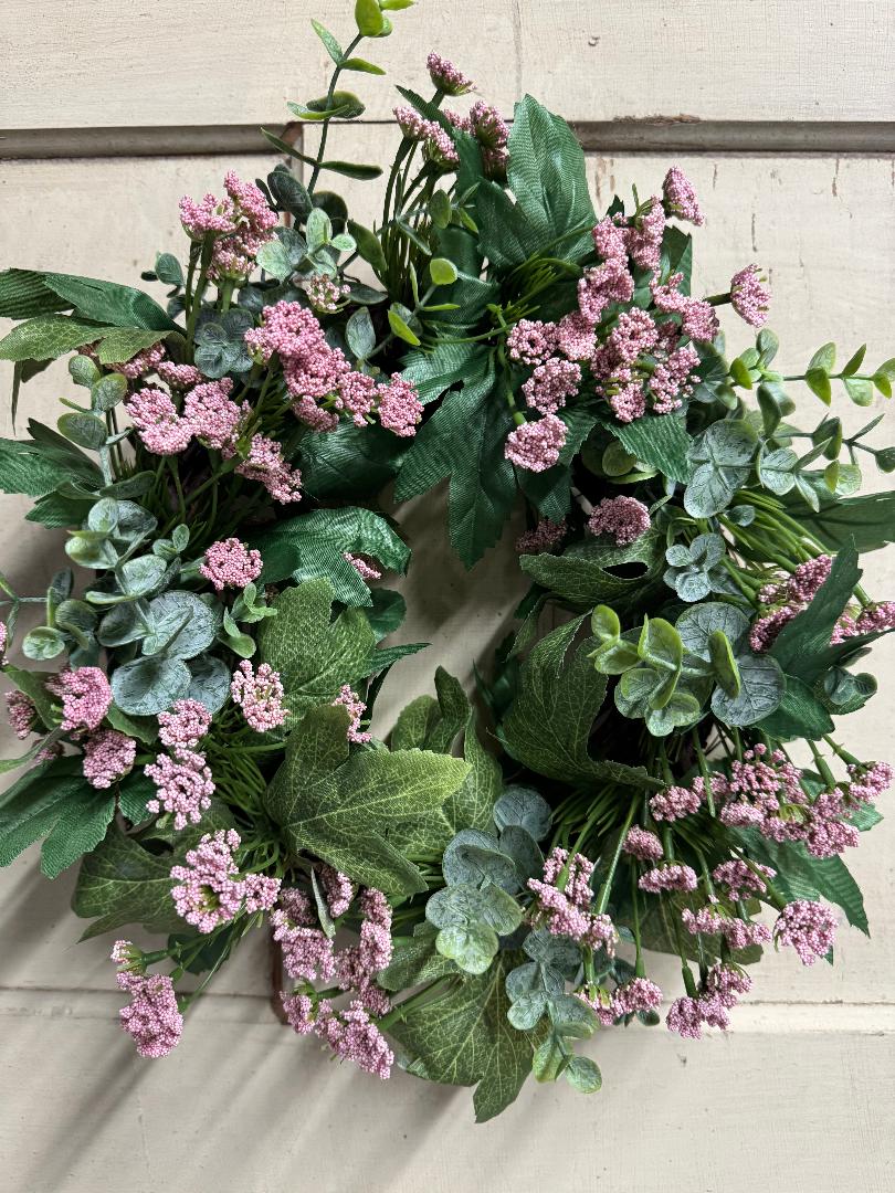 Queen Anne lace candle ring with delicate faux white Queen Anne lace blooms and green foliage arranged in a ring, perfect for pillar candles and elegant table centerpieces"