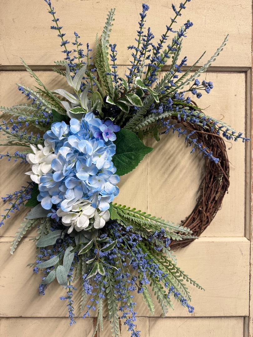 Sage and blue heather wreath with soft faux sage greenery and delicate blue heather blooms on a natural base, perfect for front doors and year-round home decor"