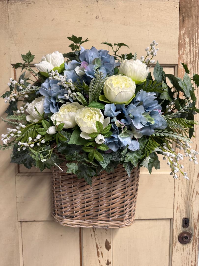 "Blue hydrangea and peony basket wall arrangement with lush faux blue hydrangea blooms and soft peony flowers in a rustic woven basket"

Hit Save on the product page! Next one?
