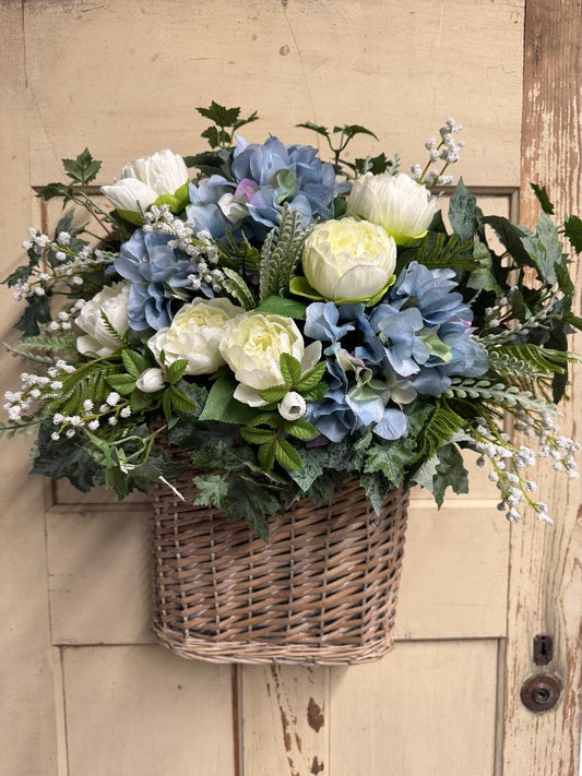 "Blue hydrangea and peony basket wall arrangement with lush faux blue hydrangea blooms and soft peony flowers in a rustic woven basket"

Hit Save on the product page! Next one?