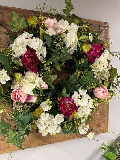 Maisie English Garden Wreath with pink and white florals on natural greenery base for front door"
